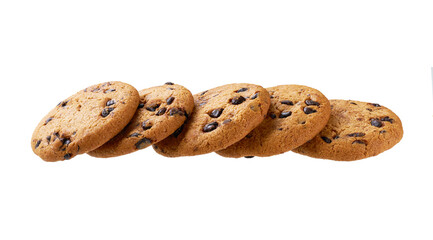 Delicious cookies with chocolate chips isolated on white background, full depth of field. Linear composition.