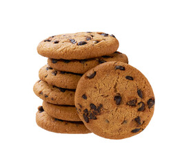 Stack of round chocolate chip cookies isolated on white background.