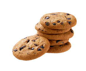 Stack of round chocolate chip cookies isolated on white background.