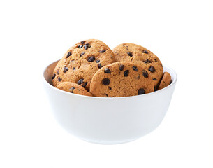 Cookies with chocolate chips in a ceramic bowl isolated on white background.