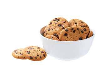 Cookies with chocolate chips in a ceramic bowl isolated on white background.