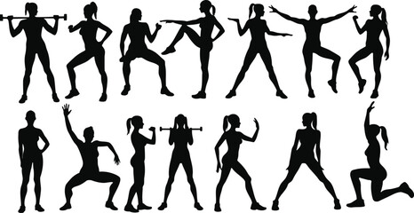 Set or collection of various woman sports exercising silhouettes.