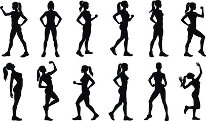 Set or collection of various woman sports exercising silhouettes.