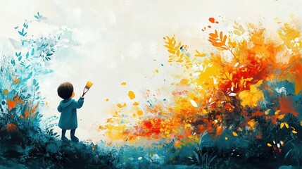 Little Artist at Work - Child Painting a Vibrant Fantasy World with Brush in Hand