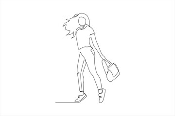 continuous line drawing of a woman walking with a bag