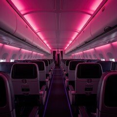 Generous cabin area featuring modern interior decor, comfortable seating, and bright lighting. Spacious, modern aircraft interior with comfortable seats and bright cabin lighting.