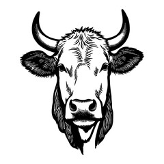 Fototapeta premium Detailed Black and White Vintage Cow Head Illustration with Engraved Features and Design