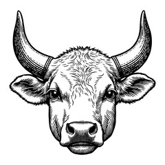 Adorable Baby Bull Head in Detailed Black and White Vintage Engraving Retro Illustration