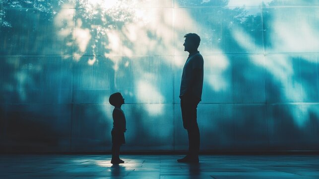 Embracing the Inner Child - Silhouette of Adult with Child Shadow on Pastel Blue Background