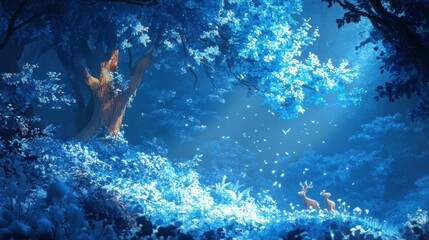 Sami friends engaged in a game of hide-and-seek in a lush, blue-hued forest, the vibrant background complementing the characters' playful antics