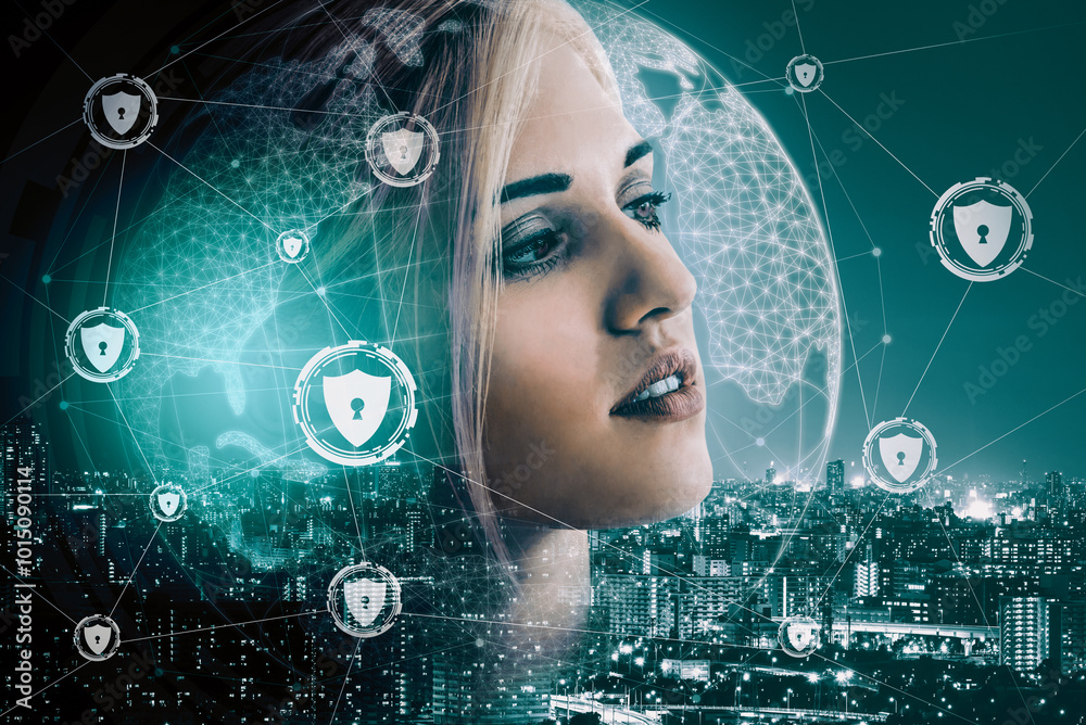 Poster cyber security and digital data protection concept. icon interface showing secure firewall technolog