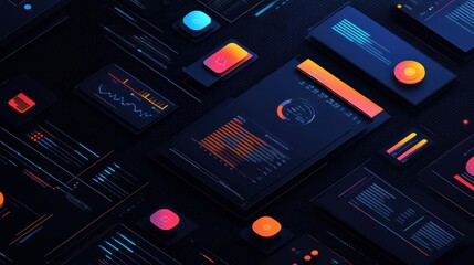 Innovative product launch strategies with eye-catching visuals and metrics, on a dark blue background