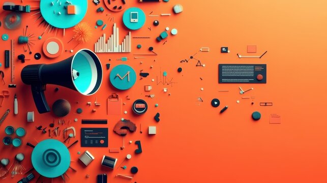 Engaging content marketing strategy with bright graphics and effective tactics, on a vibrant orange background
