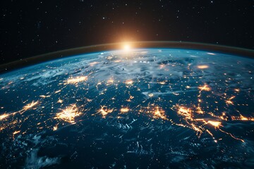 Obraz premium Wide shot of Earth from space showcasing glowing connections between cities, with a network grid of white lines illustrating global connectivity against a starry background.