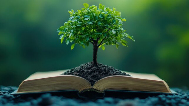 Growth mindset tree branches sprouting from an open book, soft green backdrop