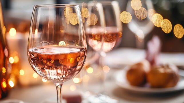 Chilled ros wine with a blurred elegant dinner party setting