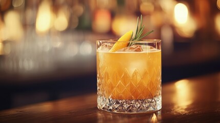Craft cocktail with a blurred upscale bar scene, emphasizing the drink's details