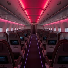 Fototapeta premium Generous cabin area featuring modern interior decor, comfortable seating, and bright lighting. Spacious, modern aircraft interior with comfortable seats and bright cabin lighting.