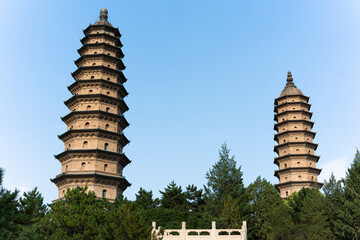 Yongzuo Temple, also known as the Twin Pagodas Temple, Taiyuan, Shanxi, China, Asia, with blue sky,...