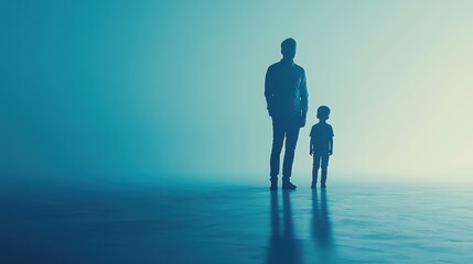 Inner child adult silhouette with child shadow, pastel blue backdrop