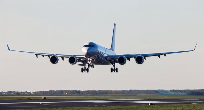 Commercial jetliner landing with runway in sight on a plain white background.