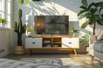  Modern Scandinavian TV stand with flat screen television and cactus plant in a neutral color palette room.