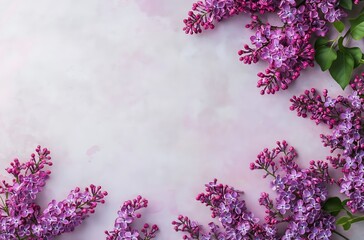 Purple and pink lilac flowers creating frame on pink background
