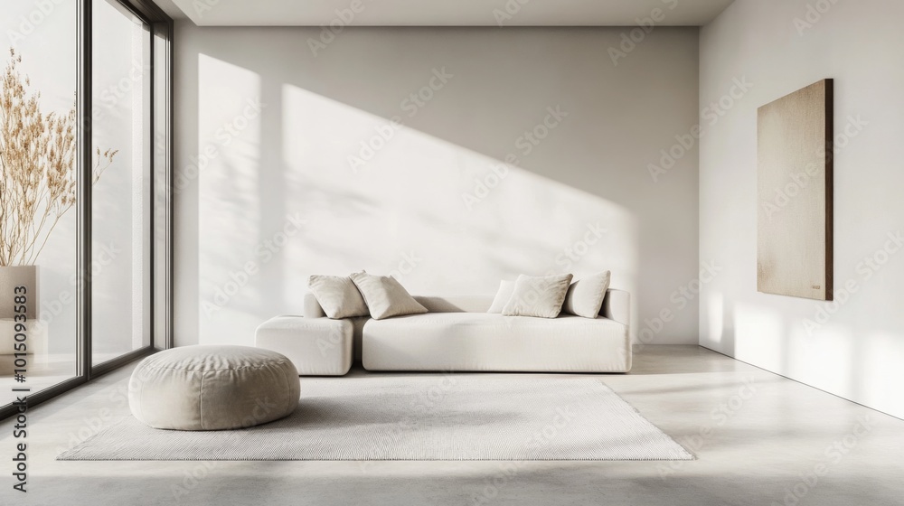 Poster The image shows a white sectional sofa with several throw pillows. The sofa is positioned in a spacious living room with a large window behind it, allowing sunlight to stream into the room