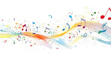 Colorful Music Notes and Waves Abstract Background