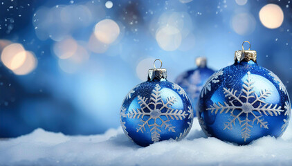 Niebieskie zimowe tło. Dekoracja świąteczna, bombki ze wzorem śnieżynki. Święta Boże narodzenie
