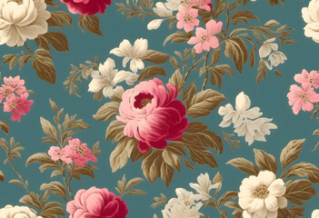 A beautiful floral pattern featuring large, blooming peonies and daisies in soft pink and cream colors against a dark background. The design showcases intricate details of the flowers and leaves.