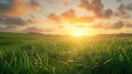 Naklejka premium Zielona trawa pokrywa wzgórza, które spływają w dół w kierunku zachodzącego słońca. Z nieba spływają złote i pomarańczowe promienie, które rozświetlają krajobraz.