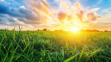 Zielona trawa pokrywa wzgórza, które spływają w dół w kierunku zachodzącego słońca. Z nieba spływają złote i pomarańczowe promienie, które rozświetlają krajobraz.