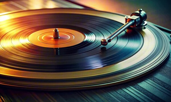 Close-up of a vinyl record spinning on a turntable with warm lighting