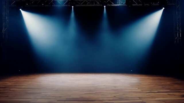 video empty theater stage with dramatic lighting, featuring multiple spotlights that illuminate the stage floor. The atmosphere is set with a dark background, focus on the stage area. 4K
