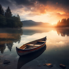 Fototapeta premium Sunrise over a calm lake with a rowboat.