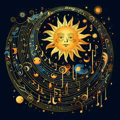 Stylized sun with planets as musical notes. 