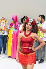 Colorful Carnival Celebration with Smiling Woman in Red Costume