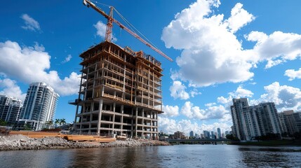 Hotel under construction by river, bridge in background, scenic waterway, hotel under construction, waterfront property