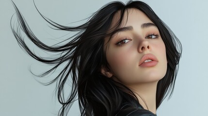 Fototapeta premium Elegant portrait of a woman with flowing black hair against a soft background, epitomizing grace and beauty.