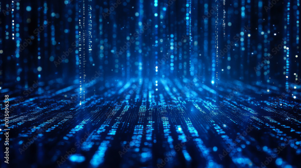 Fototapete Abstract digital tunnel with glowing blue lights and particles representing data flow in a futuristic environment