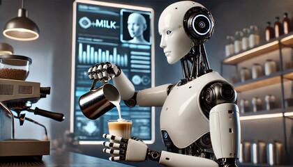 Robot Barista Making Coffee pours milk into a cup of coffee in a high-tech caf&eacute; environment