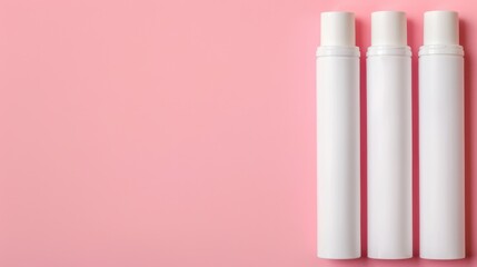Three White Cylindrical Bottles on Pink Background