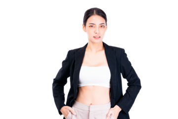 Confident young woman wearing a black blazer and casual crop top, exuding a professional yet modern fashion style. She stands with hands on hips, portraying a strong and empowering demeanor