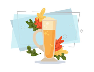 Glass of beer with foam head vector illustration. Cartoon drawing for banner design. Autumn leaves on abstract background. Oktoberfest, beer festival, celebration, autumn, Germany concept