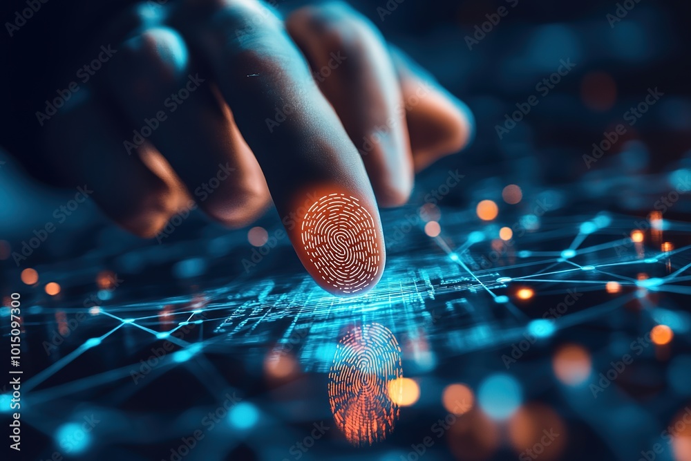 Poster man using thumb to scan finger print or for digital processing bio-metric identification to access s