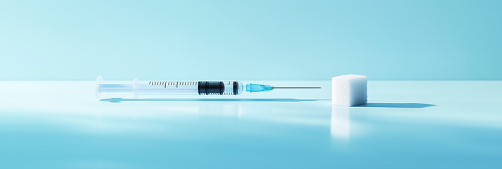 A minimalistic composition of a syringe and dissolving sugar cube on a pastel blue background, symbolizing insulin use and sugar balance in diabetes management for World Diabetes Day.