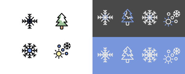 Winter symbols - modern snowflakes and Christmas tree icons - filled and stroke icons
