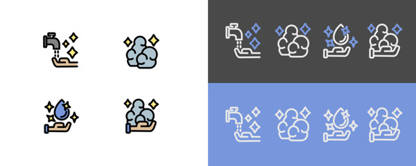 Hygiene symbols - modern hand cleaning, foam, and clean water icons - filled and stroke icons