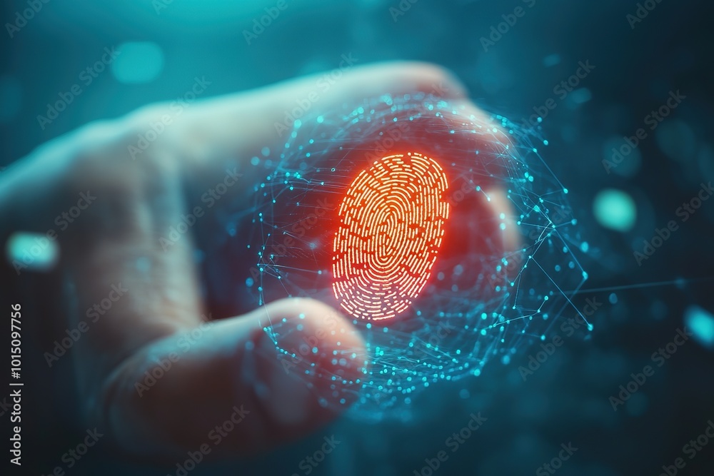 Poster man using thumb to scan finger print or for digital processing bio-metric identification to access s